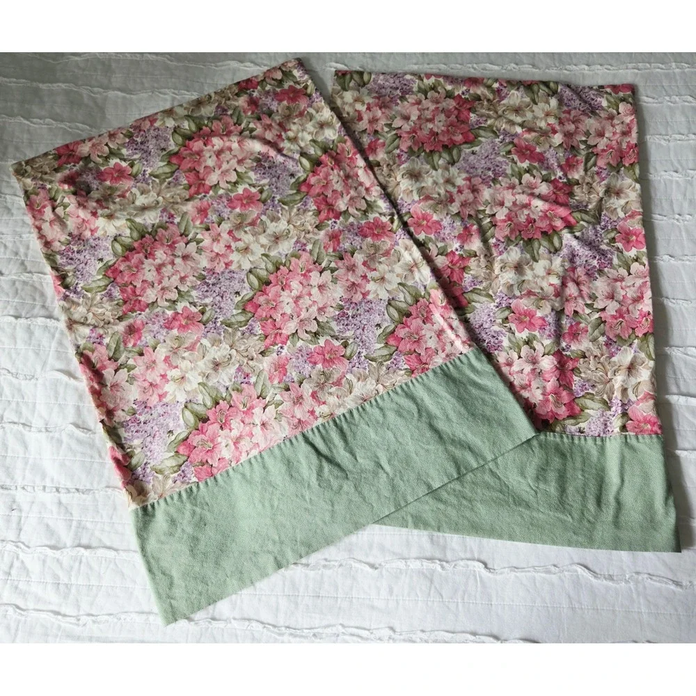 Vintage Floral Pillowcase Set 2 Standard Pink Azalea Lilac Sage Cottagecore